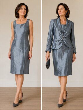 Frascara 100% Silk Size 16 Silver Blue Dress & Jacket 2-Piece Occasion Suit Set